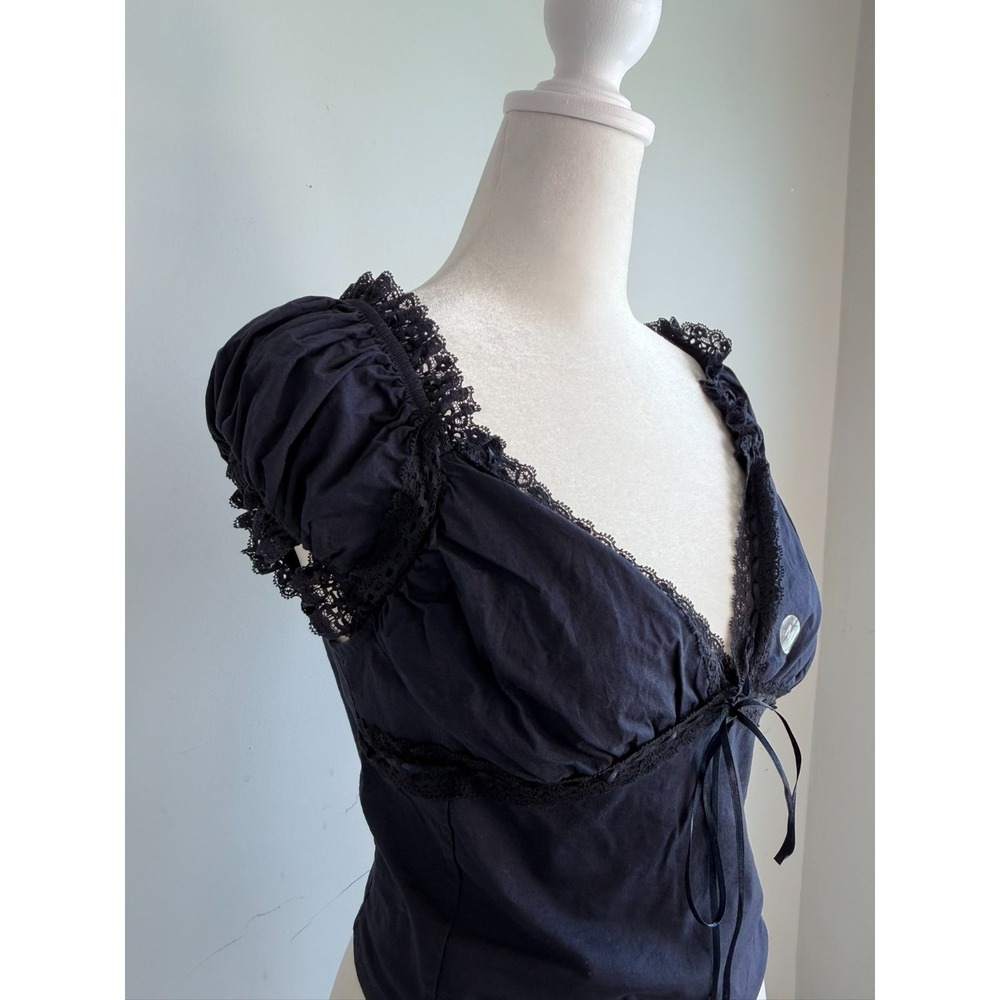 Pacsun Milkmaid Lace Trim Top Medium Navy Coquette Cottagecore Cotton Fairy - Picture 2 of 11